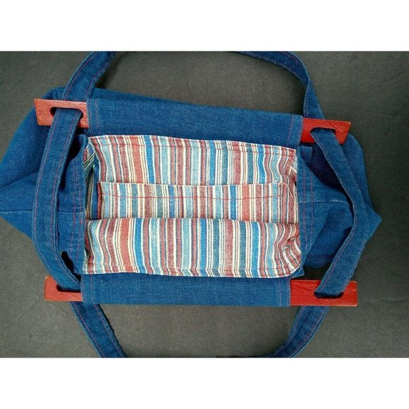 Denim Purse 1970s Blue Jean Handmade Vintage Reversible Wood Handle Red Bandana - Picture 5 of 8